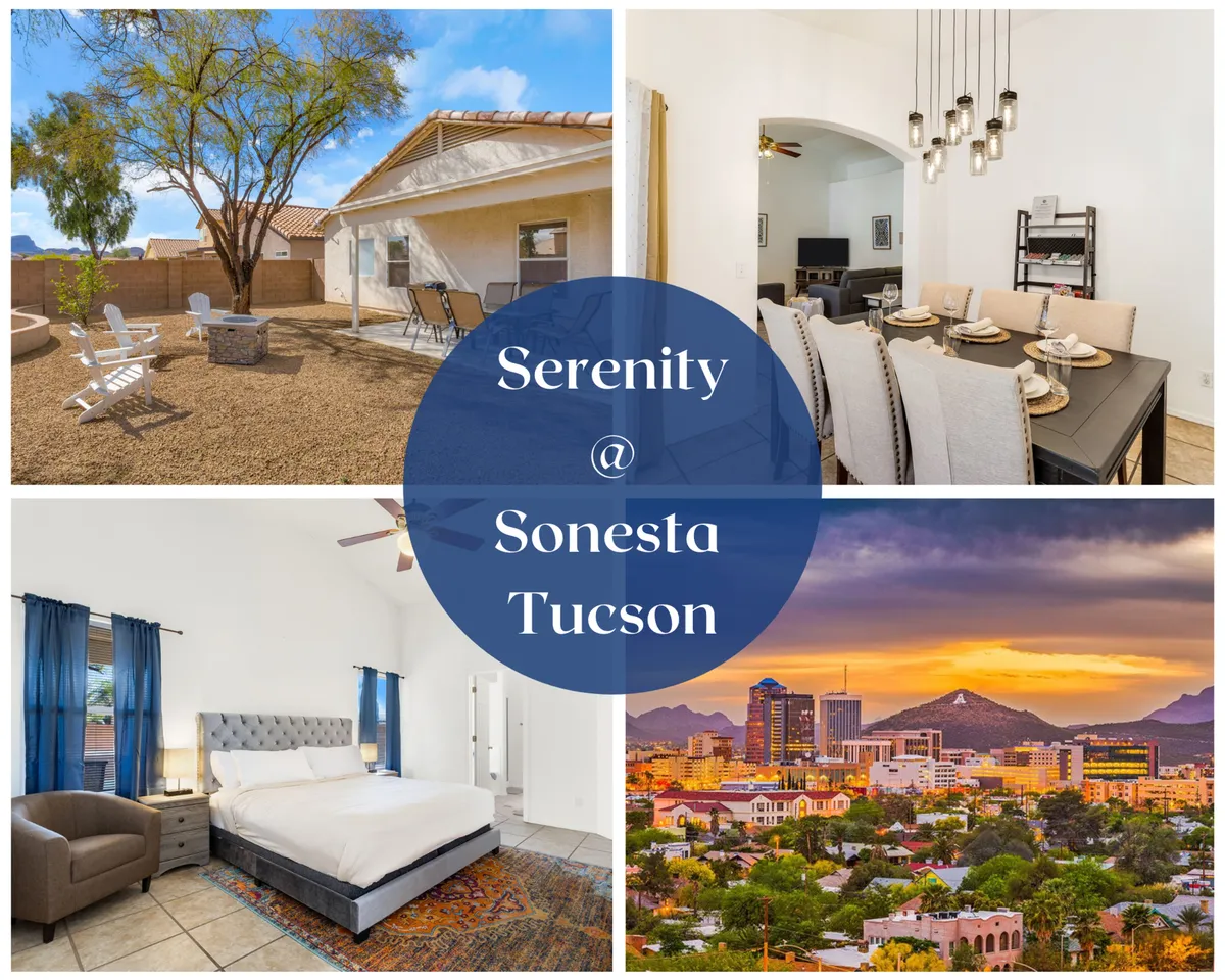 The image showcases a welcoming interior featuring a cozy outdoor seating area perfect for stargazing, a beautifully set dining table for shared meals, a restful bedroom, and a glimpse of city views, all arranged to evoke comfort and tranquility.